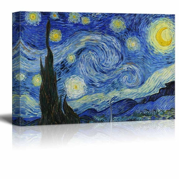 Wall26 Canvas Print Wall Art - Starry Night by Vincent Van Gogh Reproduction on Canvas Stretched Gallery Wrap. Ready to Hang - 24"x36"