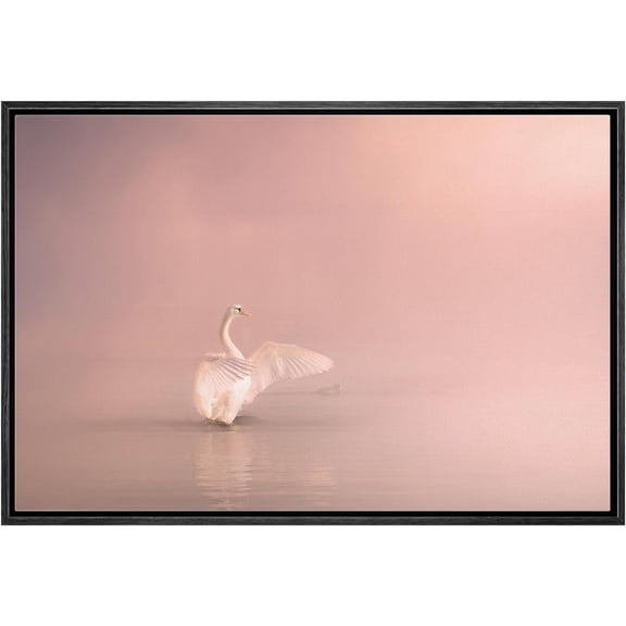 Wall26 Canvas Print Wall Art Swan in Pastel Pink Lake Landscape Nature Wilderness Animals Photography Realism Modern Framed Art Decora Multicolor Rustic for Bedroom - 16"x24" Black