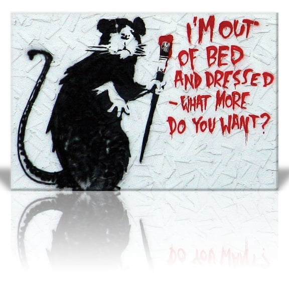 Wall26 Canvas Print Wall Art - I'm out of bed and dressed what more do you want? - Rat - Street Art - Guerilla - Banksy Street Artwork on Canvas Stretched Gallery Wrap. - 16 x 24 inches