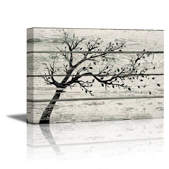 Wall26 Canvas Prints Wall Art - Artistic Tree with Leaves in Black and White on Vintage Wood Background Rustic Home Decoration - 16" x 24"
