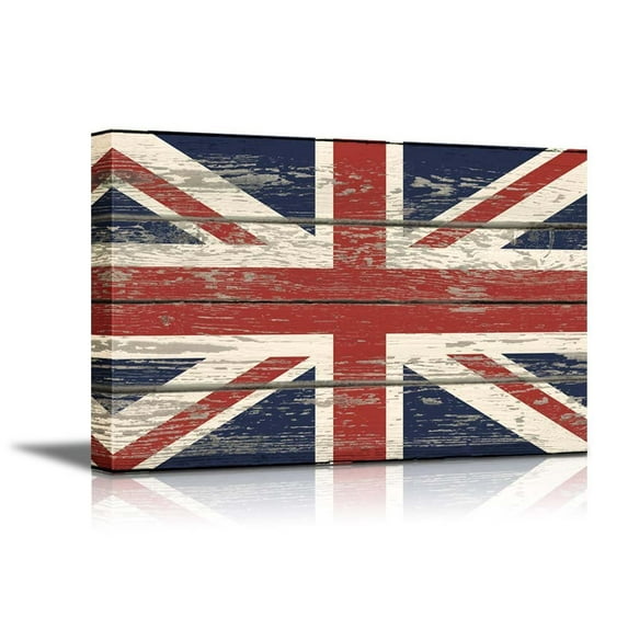 Wall26 Canvas Prints Wall Art - Flag of UK / Union Jack on Vintage Wood Board Background Stretched Canvas Wrap. Ready to Hang - 16" x 24"