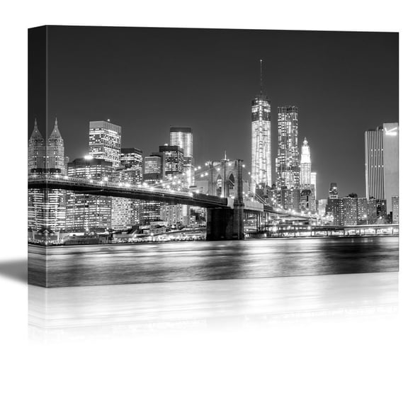 Wall26 Canvas Prints Wall Art - The Manhattan Skyline and Brooklyn Bridge at Night in Brooklyn, New York. | Stretched Gallery Canvas Wrap Giclee Print. Ready to Hang - 24x36"