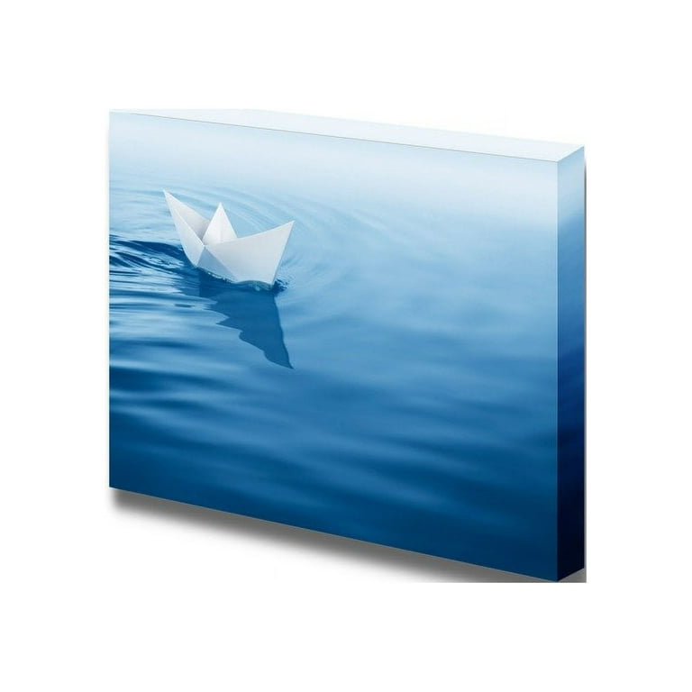 Wall26 Canvas Prints Wall Art - Origami Paper Boat Afloat in the Blue Water   Modern Wall Decor/ Home Decoration Stretched Gallery Canvas Wrap Giclee  Print. Ready to Hang - 32 x
