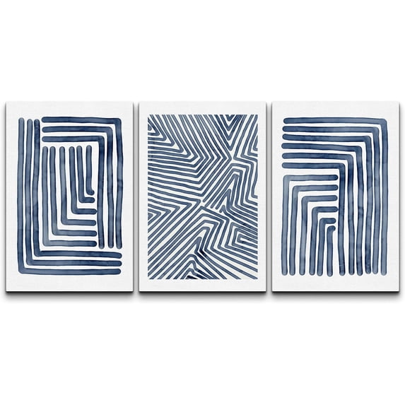 Wall26 Canvas Wall Art Set of 3 Navy Blue Stripe Polygon Pattern Collage Abstract Geometric Prints Illustrations Decorative Bohemian Multicolor Home Wall Decora - Unframed 24"x36"x3