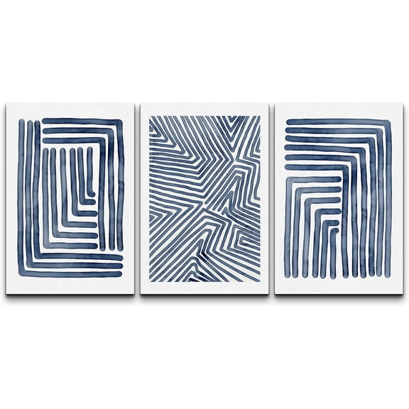 Wall26 Canvas Wall Art Set of 3 Navy Blue Stripe Polygon Pattern Collage Abstract Geometric Prints Illustrations Decorative Bohemian Multicolor Home Wall Decora - Unframed 16"x24"x3