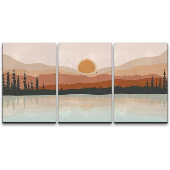 Wall26 Canvas Wall Art Set of 3 Pastel Mountain Range Forest Lake Reflection Landscape Nature Wilderness Prints Illustrations Decorative Multicolor Modern Home Wall Decora - Unframed 16"x24"x3