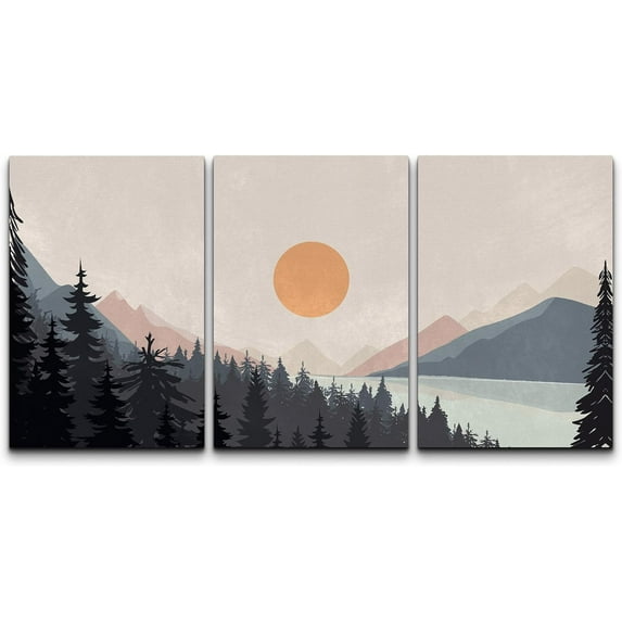 Wall26 Canvas Wall Art Set of 3 Pastel Pine Tree Forest Mountain Range Lake Landscape Nature Wilderness Prints Illustrations Decorative Multicolor Modern Home Wall Decora - Unframed 16"x24"x3