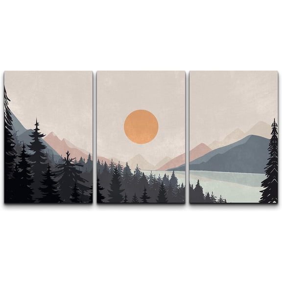 Wall26 Canvas Wall Art Set of 3 Pastel Pine Tree Forest Mountain Range Lake Landscape Nature Wilderness Prints Illustrations Decorative Multicolor Modern Home Wall Decora - Unframed 16"x24"x3