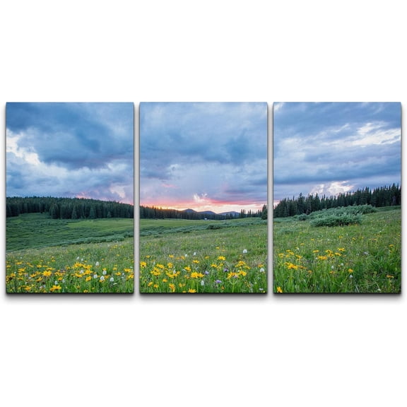 Wall26 Canvas Wall Art Set of 3 Yellow Daisy Meadow Sunset Nature Wilderness Photography Realism Decorative Landscape Prints Rustic Country/Farmhouse Wall Decora - Unframed 16"x24"x3