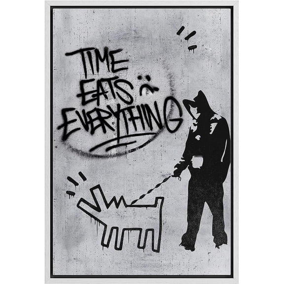 Wall26 Canvas Wall Art Time Eats Everything Dog Walk Graffiti & Street Art Print Urban Architecture Cityscape Grunge Dark Illustrations Modern Art Decorative Abstract Geometric - 24"x36" White