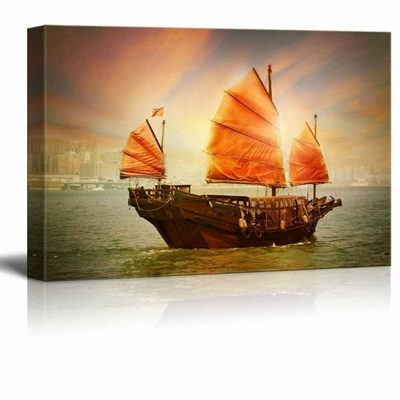 Wall26 Chinese Boat at Sunset - Wall Decor Giclee Print - 12" x 18"
