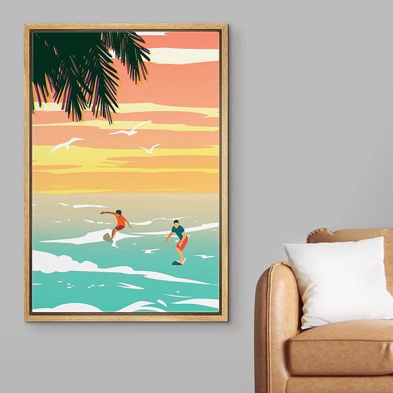 Wall26 Framed Canvas Print Wall Art Duo of Surfers on Beach at Dusk Nature Ocean Illustrations Modern Art Nautical Scenic Colorful for Living Room, Bedroom, Office - 16"x24" NATURAL