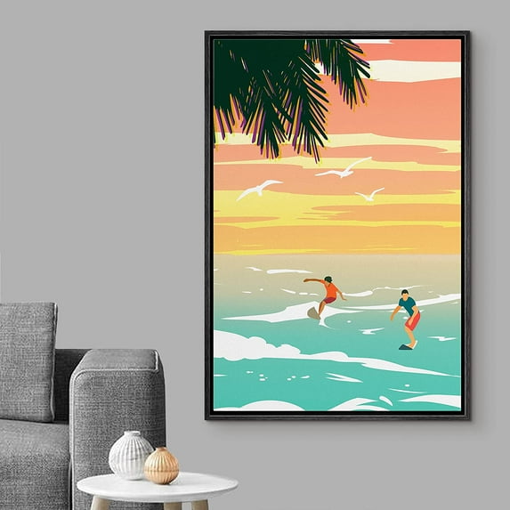 Wall26 Framed Canvas Print Wall Art Duo of Surfers on Beach at Dusk Nature Ocean Illustrations Modern Art Nautical Scenic Colorful for Living Room, Bedroom, Office - 16"x24" BLACK