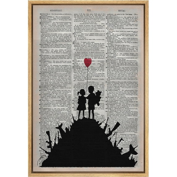 Wall26 Framed Canvas Print Wall Art Heart Banksy Kids 80s Newspaper Graffiti & Street Art Urban Architecture Cityscape Grunge Peace & Love Art Decorative for Bedroom/Office - 24"x36" Natural
