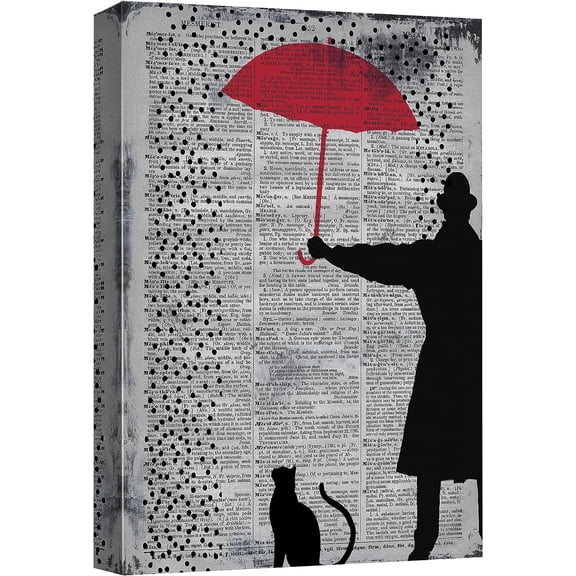 Wall26 Framed Canvas Print Wall Art Newspaper Umbrella & Cat & Getleman Graffiti & Street Art 80s Urban Architecture Cityscape Grunge Dark Modern Art Decorative for Bedroom/Office - 12"x18"
