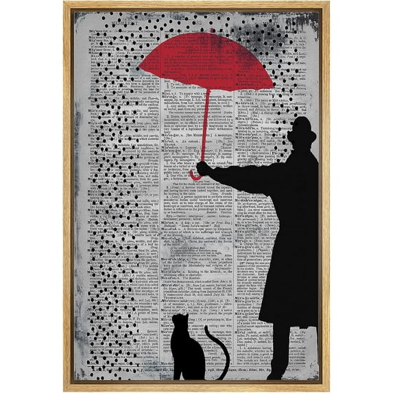 Wall26 Framed Canvas Print Wall Art Newspaper Umbrella & Cat & Getleman Graffiti & Street Art 80s Urban Architecture Cityscape Grunge Dark Modern Art Decorative for Bedroom/Office - 16"x24" Natural