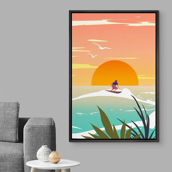 Wall26 Framed Canvas Print Wall Art Surfer on the Sunny Beach Horizon Nature Ocean Illustrations Modern Art Nautical Scenic Colorful for Living Room, Bedroom, Office - 16"x24" BLACK