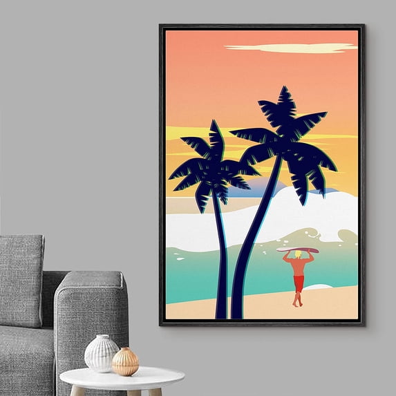 Wall26 Framed Canvas Print Wall Art Surfer Walking on Beach Shore at Sunset Nature Ocean Illustrations Modern Art Nautical Scenic Colorful for Living Room, Bedroom, Office - 16"x24" BLACK
