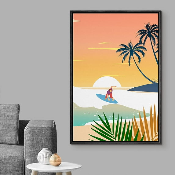 Wall26 Framed Canvas Print Wall Art Surfer on the Waves with White Sun Nature Ocean Illustrations Modern Art Nautical Scenic Colorful for Living Room, Bedroom, Office - 16"x24" BLACK