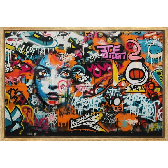 Wall26 Framed Canvas Wall Art Anime Style Face Graffiti & Street Art 80th Century Pictorial Urban Architecture Cityscape Grunge Dark Modern Art Decorative Abstract Geometric - 16"x24" Natural