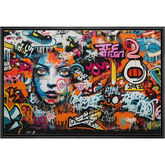 Wall26 Framed Canvas Wall Art Anime Style Face Graffiti & Street Art 80th Century Pictorial Urban Architecture Cityscape Grunge Dark Modern Art Decorative Abstract Geometric - 16"x24" Black