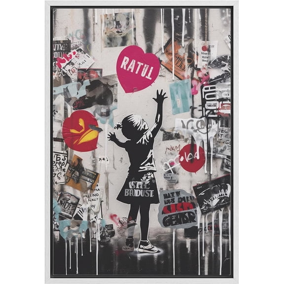 Wall26 Framed Canvas Wall Art Banksy Girl Heart Street Print Art Graffiti & Street Art Urban Architecture Cityscape Grunge Dark Modern Art Decor Abstract Geometric Print - 16"x24" White