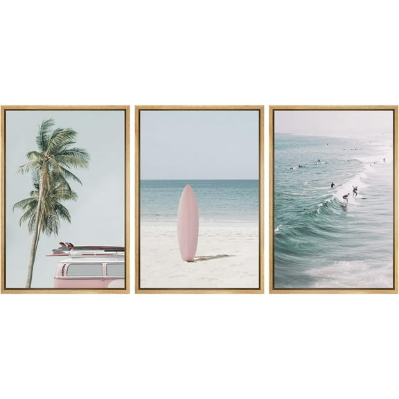Wall26 Framed Prints Canvas Wall Art Set of 3 Coastal Surfboard Palm Tree Nature Wilderness Photography Realism Decoration Landscape Rustic Country/Farmhouse Wall Decora - Natural 24"x36"x3