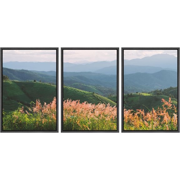 Wall26 Framed Prints Canvas Wall Art Set of 3 Green Mountain Flower Field Nature Wilderness Photography Realism Decoration Landscape Rustic Country/Farmhouse Wall Decora - Black 16"x24"x3