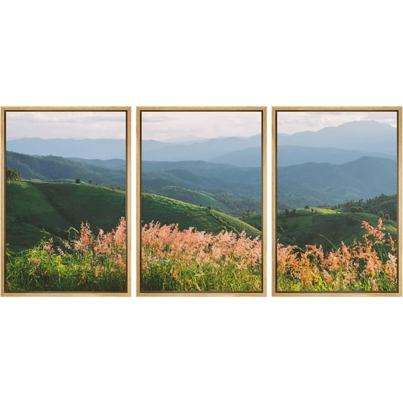 Wall26 Framed Prints Canvas Wall Art Set of 3 Green Mountain Flower Field Nature Wilderness Photography Realism Decoration Landscape Rustic Country/Farmhouse Wall Decora - Natural 24"x36"x3