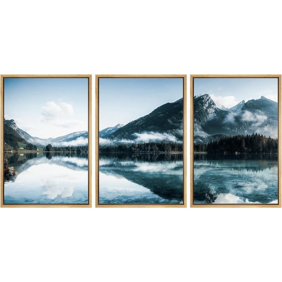 Wall26 Framed Prints Canvas Wall Art Set of 3 Mountain Range Lake Reflection Nature Wilderness Photography Realism Decoration Landscape Rustic Country/Farmhouse Wall Decora - Natural 24"x36"x3