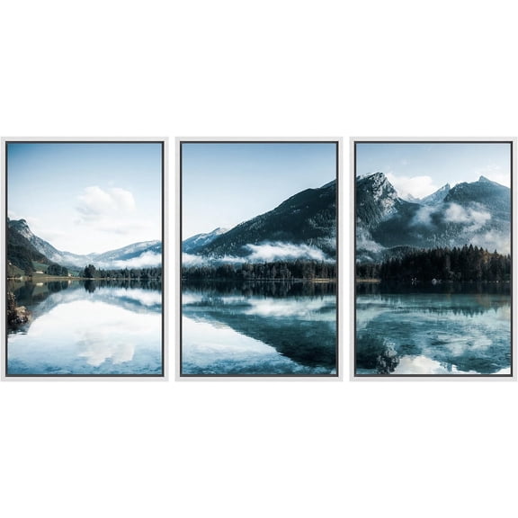 Wall26 Framed Prints Canvas Wall Art Set of 3 Mountain Range Lake Reflection Nature Wilderness Photography Realism Decoration Landscape Rustic Country/Farmhouse Wall Decora - White 24"x36"x3