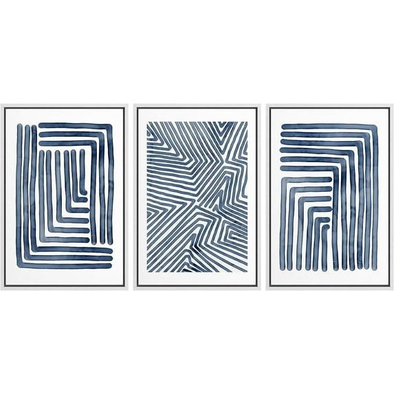 Wall26 Framed Prints Canvas Wall Art Set of 3 Navy Blue Stripe Polygon Pattern Collage Abstract Geometric Illustrations Decorative Bohemian Multicolor Home Wall Decora - White 24"x36"x3