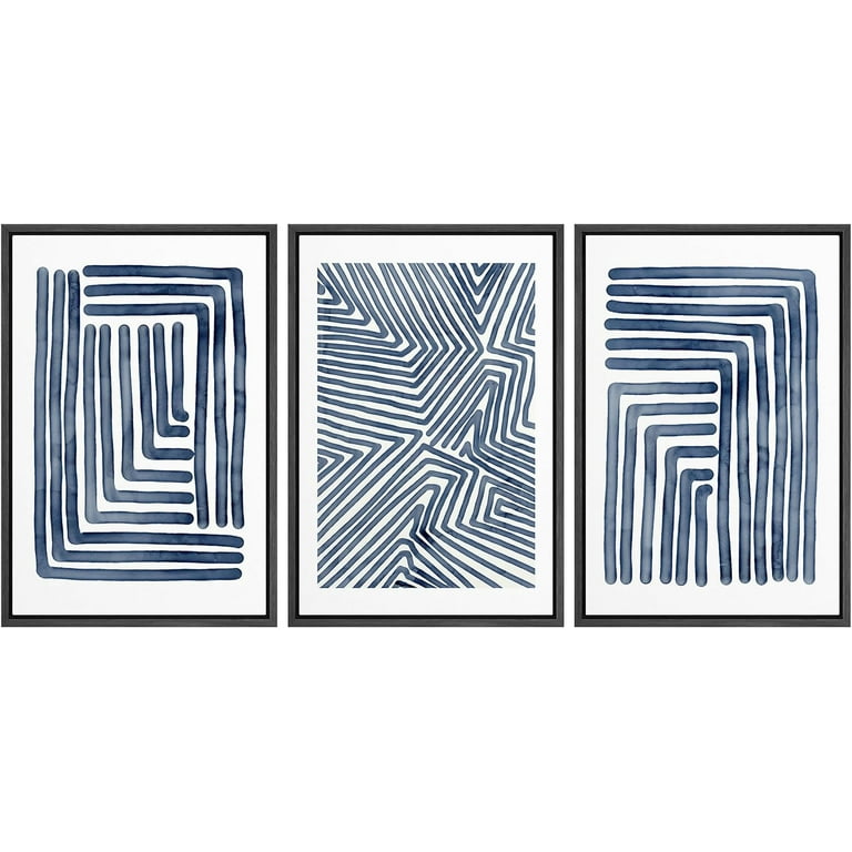 Wall26 Framed Canvas Wall Art Set of 3, Navy Blue Geometric