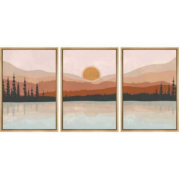Wall26 Framed Prints Canvas Wall Art Set of 3 Pastel Mountain Range Forest Lake Reflection Nature Wilderness Illustrations Decoration Multicolor Modern Home Wall Decora - Natural 24"x36"x3