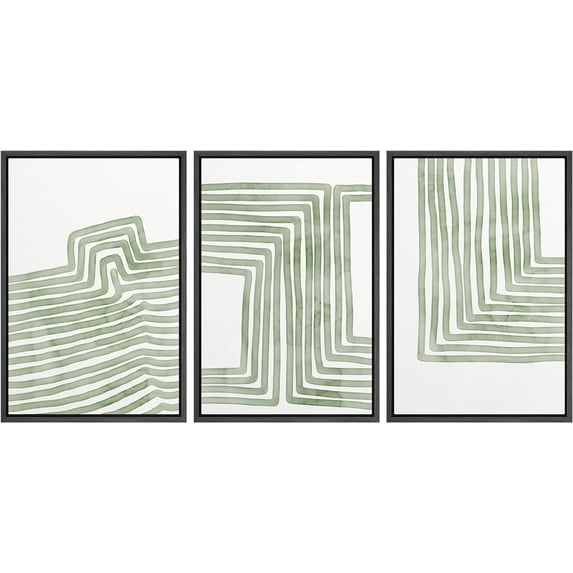 Wall26 Framed Prints Canvas Wall Art Set of 3 Sage Green Stripe Polygon Pattern Collage Abstract Geometric Illustrations Decorative Bohemian Multicolor Home Wall Decora - Black 16"x24"x3