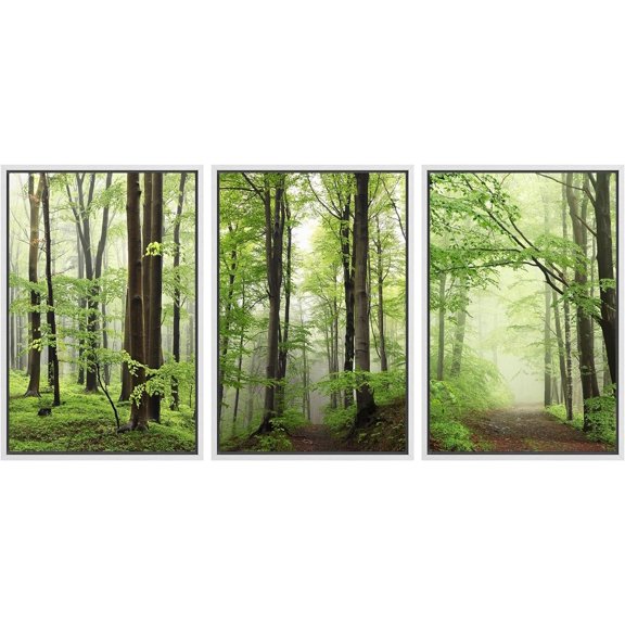 Wall26 Framed Prints Canvas Wall Art Set of 3 Vibrant Green Spring Forest Nature Wilderness Photography Realism Decoration Landscape Rustic Country/Farmhouse Wall Decora - White 24"x36"x3