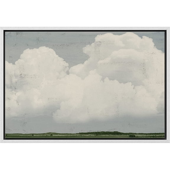 Wall26 Framed Wall Art Pastel Watercolor White Clouds Over Green Tree Landscape Canvas Print Nature Wilderness Illustrations Fine Art Multicolor for Home Decor - White 24"x36"