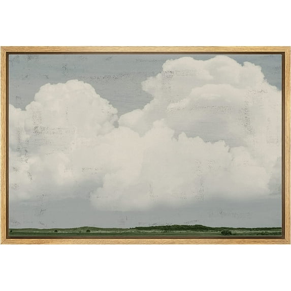 Wall26 Framed Wall Art Pastel Watercolor White Clouds Over Green Tree Landscape Canvas Print Nature Wilderness Illustrations Fine Art Multicolor for Home Decor - Natural 24"x36"