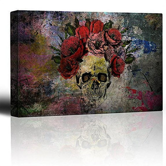Wall26 Human Skull with Roses Flowers over Colorful Splattered Paint - Abstract Giclee Print Canvas Wall Art Home Decor - 12x18 inches