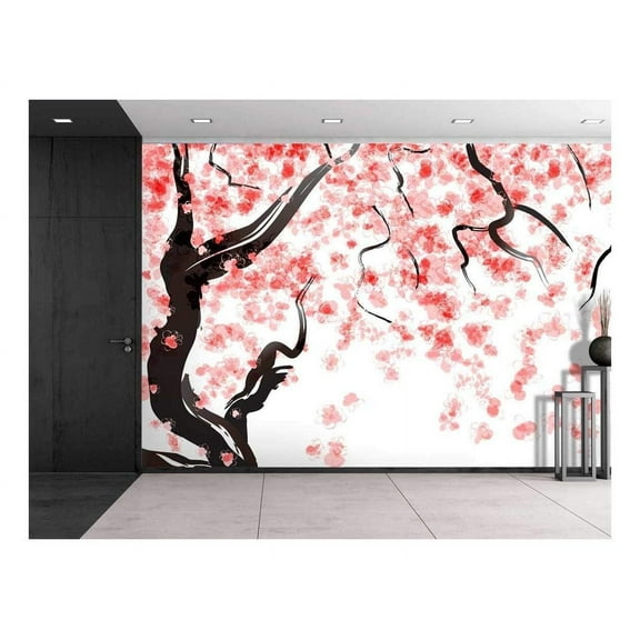 Wall26 Large Wall Mural - Japanese Cherry Tree Blossom in Watercolor Painting Style | Self-adhesive Vinyl Wallpaper/Removable Modern Decorating Wall Art - 100"x144"