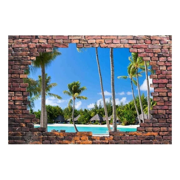 Wall26 - Large Wall Mural - Tropical Seascape Viewed Through a Broken Brick Wall | 3D Visual Effect Self-Adhesive Vinyl Wallpaper/Removable Modern Decorating Wall Art - 66" x 96"