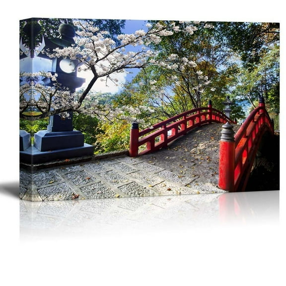Wall26 Light Post Next to a Red Bridge on a Japanese Garden - Canvas Art Home Decor - 12x18 inches