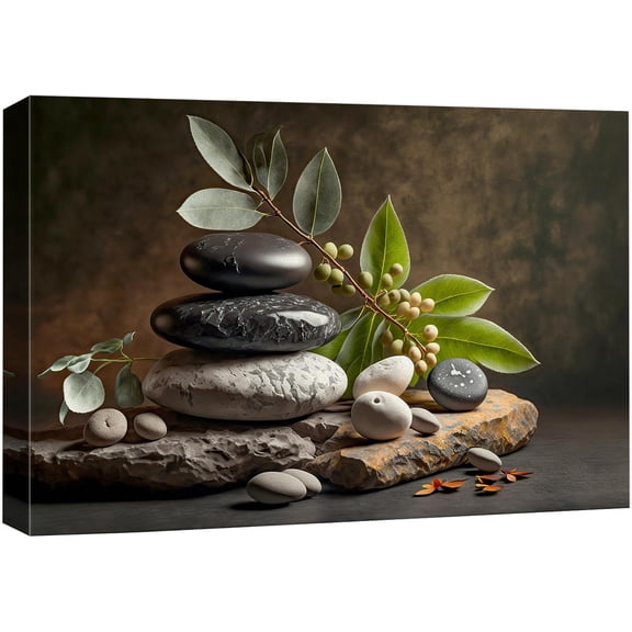 Wall26 - Natural Zen Massage Stone Pebble Bamboo Leaf Art - Canvas Print Wall Art - Photography Realism Modern Wall Decor - Nature Wilderness Minimal Art Print Geometric Abstract - 12" x 18"