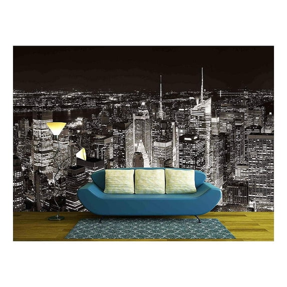 Wall26 New York City Midtown Skyline Panorama with Skyscrapers and Urban Cityscape at Night. - Removable Wall Mural | Self-adhesive Large Wallpaper - 66x96 inches