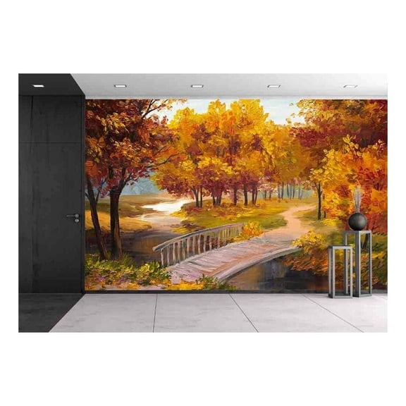 Wall26 Oil Painting - Autumn Forest with a River and Bridge Over The River, Bright Red Leaves, Colorful - Removable Wall Mural | Self-Adhesive Large Wallpaper - 66x96 inches