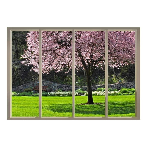 Wall26 - Pink Cherry Blossom Tree on a Japanese Garden with a Bench at The Far End Viewed from Sliding Door - Creative Wall Mural, Peel and Stick Wallpaper, Home Decor - 100x144 inches