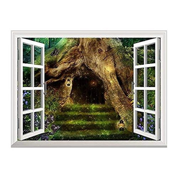 Wall26 Removable Wall Sticker / Wall Mural - Old Tree in the Forest with a Little House in it's Roots | Creative Window View Home Decor / Wall Decor - 24"x32"