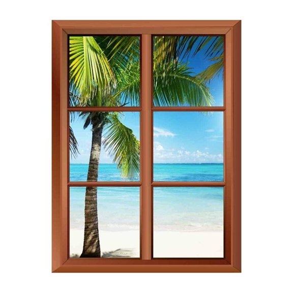 Wall26 Removable Wall Sticker/Wall Mural - Palm Tree and Tropical Beach - Creative Window View Vinyl Sticker - 24"x32"