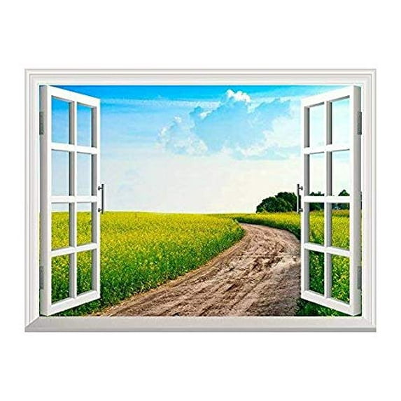 Wall26 Removable Wall Sticker / Wall Mural - Peaceful Summer Rural Landscape in Wide Field with Country Road | Creative Window View Home Decor / Wall Decor - 24"x32"