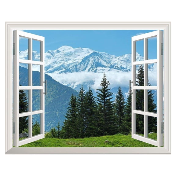 Wall26 Removable Wall Sticker/Wall Mural - Snow Mountain and Pine Trees Out of The Open Window Creative Wall Decor - 24"x32"